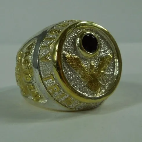 gold plated large silver signet ring with garnet and dove